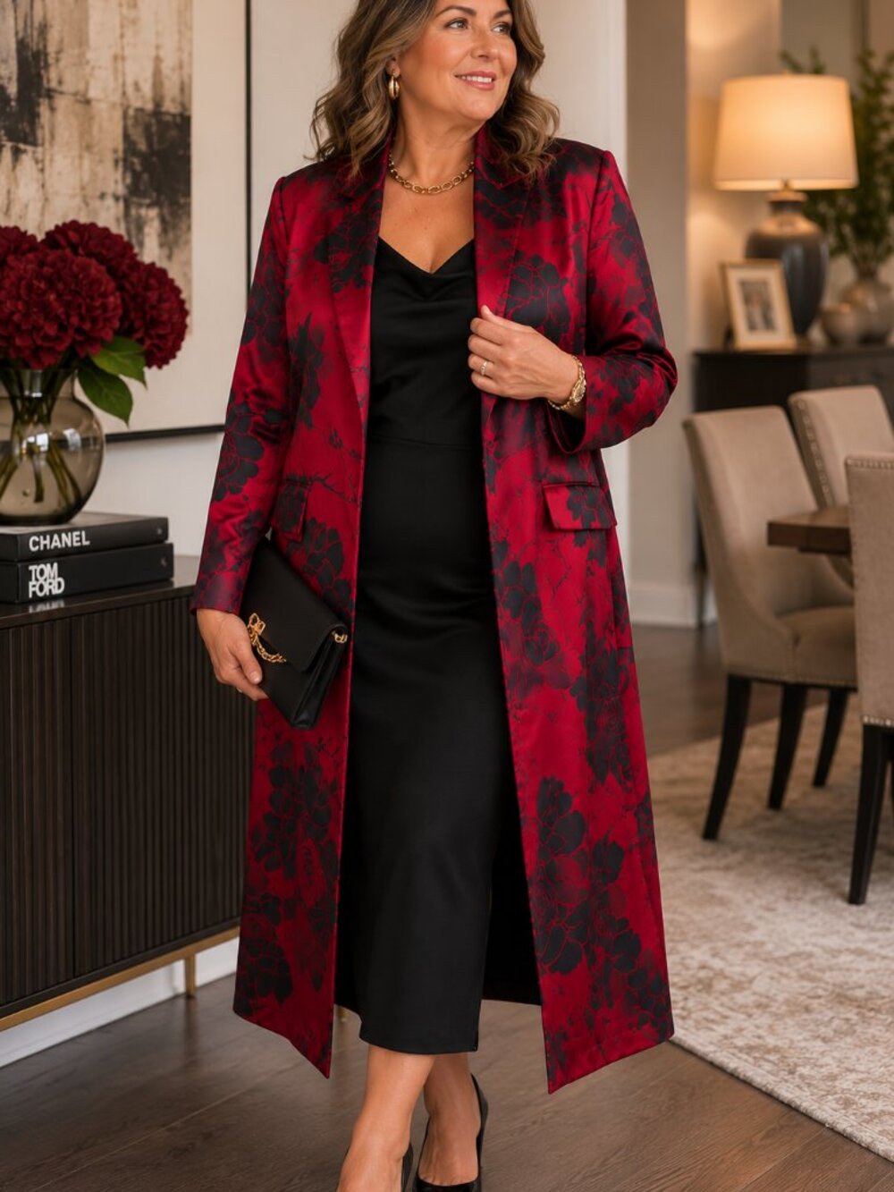 Elegant Red & Black Satin Floral Flocked Open Front Long Jacket Duster XL